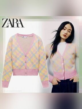 ZARA Pastel Knit Argyle Jewel Button Cardigan